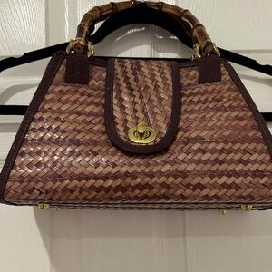 Vintage light brown Bamboo Handled Woven Lined Handbag Purse .